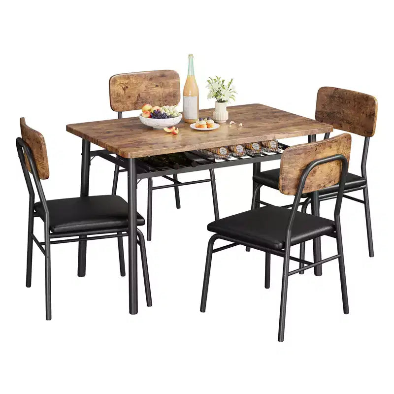 Dining Table Set for 4  5-Piece Kitchen Table and Chairs with Storage Rack, Wood Tabletop, Heavy-Duty Metal Frame, Upholstered SeatsSpace-Saving