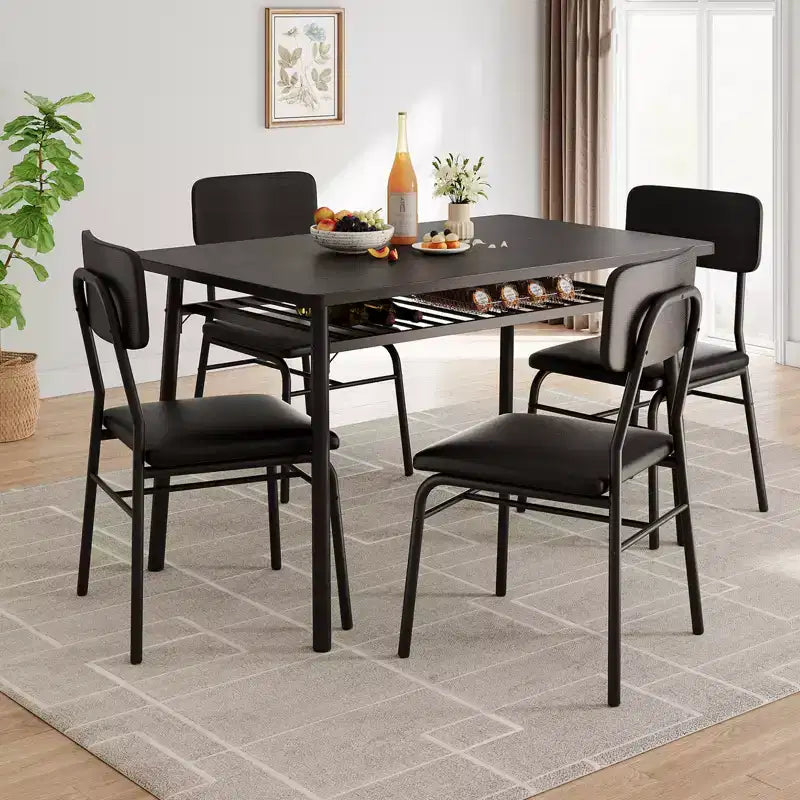 Dining Table Set for 4  5-Piece Kitchen Table and Chairs with Storage Rack, Wood Tabletop, Heavy-Duty Metal Frame, Upholstered SeatsSpace-Saving