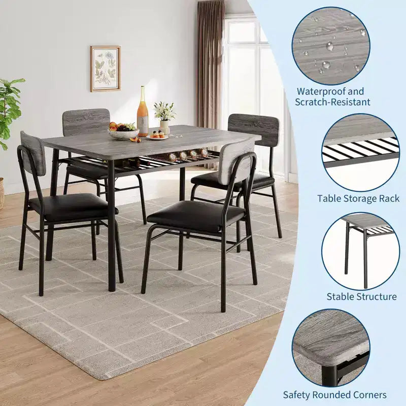 Dining Table Set for 4  5-Piece Kitchen Table and Chairs with Storage Rack, Wood Tabletop, Heavy-Duty Metal Frame, Upholstered SeatsSpace-Saving