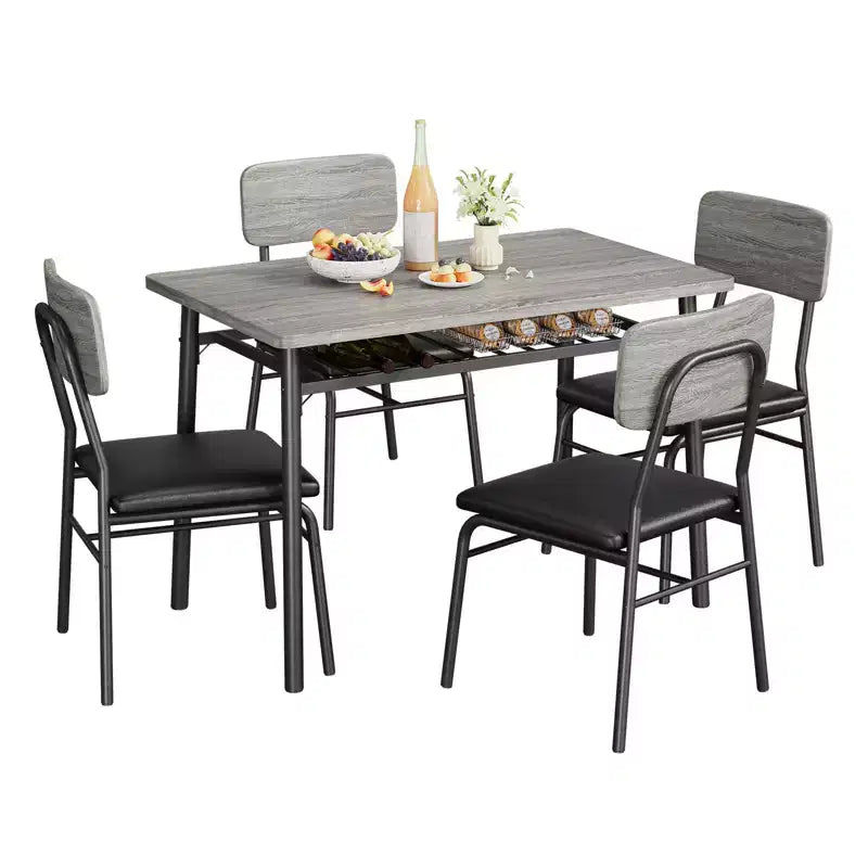 Dining Table Set for 4  5-Piece Kitchen Table and Chairs with Storage Rack, Wood Tabletop, Heavy-Duty Metal Frame, Upholstered SeatsSpace-Saving