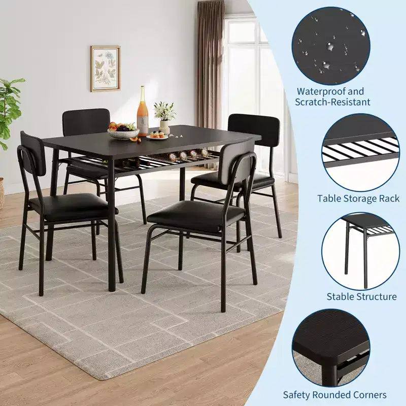 Dining Table Set for 4  5-Piece Kitchen Table and Chairs with Storage Rack, Wood Tabletop, Heavy-Duty Metal Frame, Upholstered SeatsSpace-Saving