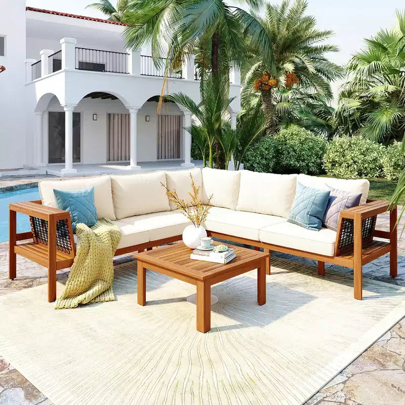 ModernLuxe 4-delige L-vormige sofaset voor buiten, acaciahouten terrasset met gevlochten touwarmleuningen en salontafel