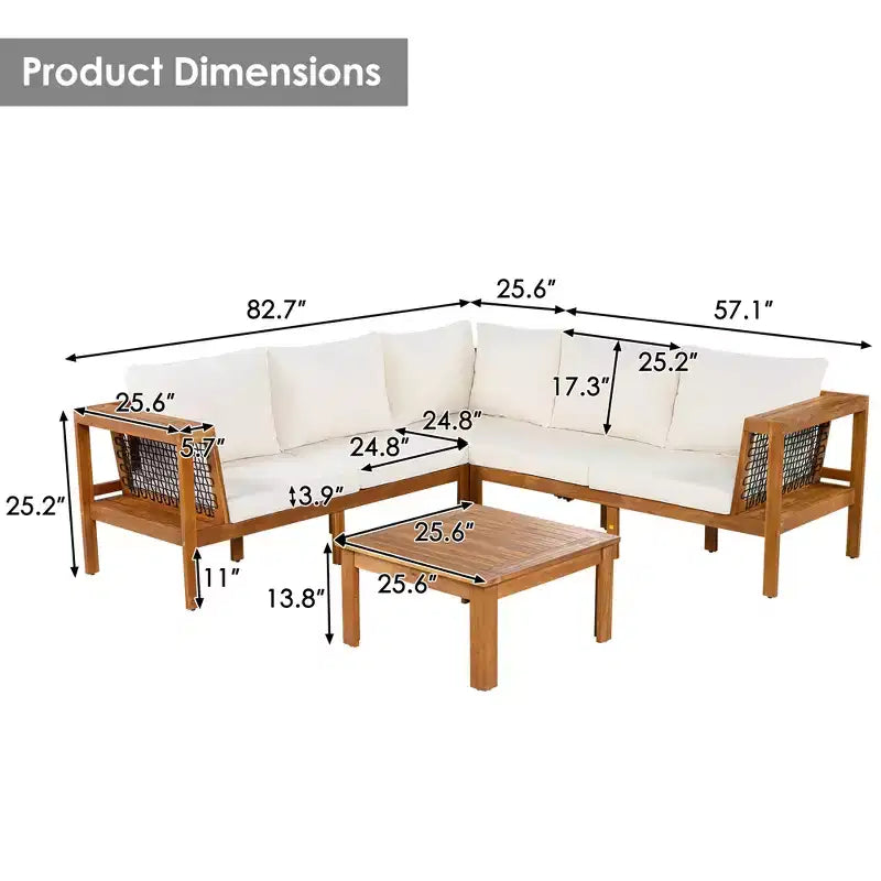 ModernLuxe 4-delige L-vormige sofaset voor buiten, acaciahouten terrasset met gevlochten touwarmleuningen en salontafel