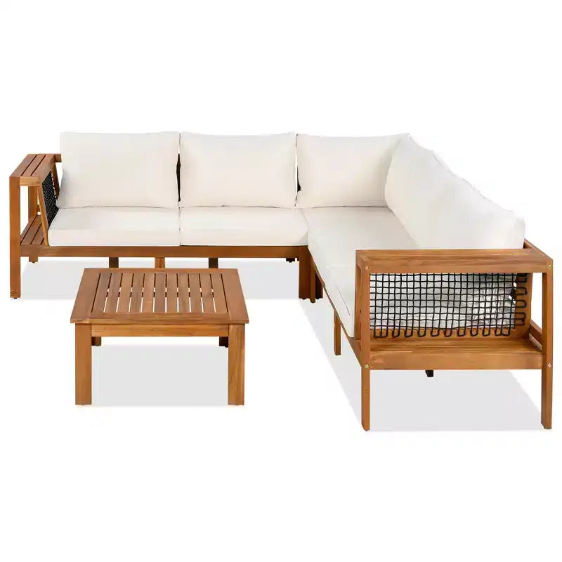 ModernLuxe 4-delige L-vormige sofaset voor buiten, acaciahouten terrasset met gevlochten touwarmleuningen en salontafel