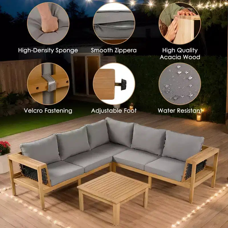 ModernLuxe 4-delige L-vormige sofaset voor buiten, acaciahouten terrasset met gevlochten touwarmleuningen en salontafel