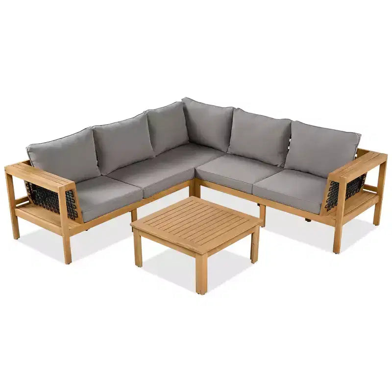 ModernLuxe 4-delige L-vormige sofaset voor buiten, acaciahouten terrasset met gevlochten touwarmleuningen en salontafel