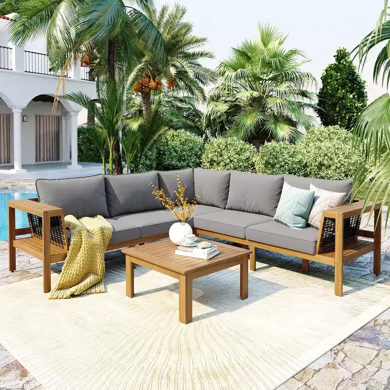 ModernLuxe 4-delige L-vormige sofaset voor buiten, acaciahouten terrasset met gevlochten touwarmleuningen en salontafel