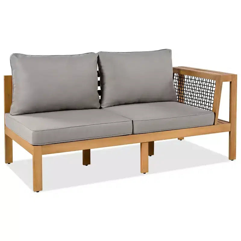 ModernLuxe 4-delige L-vormige sofaset voor buiten, acaciahouten terrasset met gevlochten touwarmleuningen en salontafel
