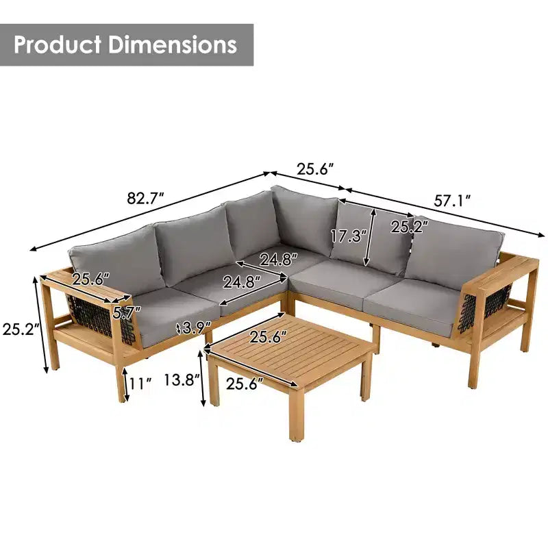 ModernLuxe 4-delige L-vormige sofaset voor buiten, acaciahouten terrasset met gevlochten touwarmleuningen en salontafel
