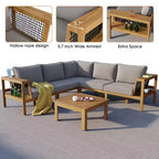 ModernLuxe 4-delige L-vormige sofaset voor buiten, acaciahouten terrasset met gevlochten touwarmleuningen en salontafel