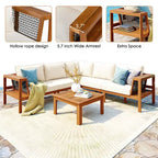 ModernLuxe 4-delige L-vormige sofaset voor buiten, acaciahouten terrasset met gevlochten touwarmleuningen en salontafel
