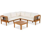 ModernLuxe 4-delige L-vormige sofaset voor buiten, acaciahouten terrasset met gevlochten touwarmleuningen en salontafel