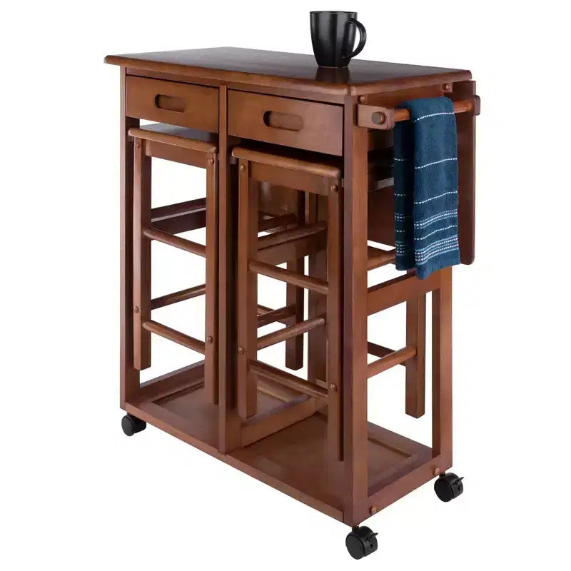 3-delige Suzanne ruimtebesparende eetset met neerklapbaar blad, teak - Winsome: compact, met opbergladen en 2 krukken