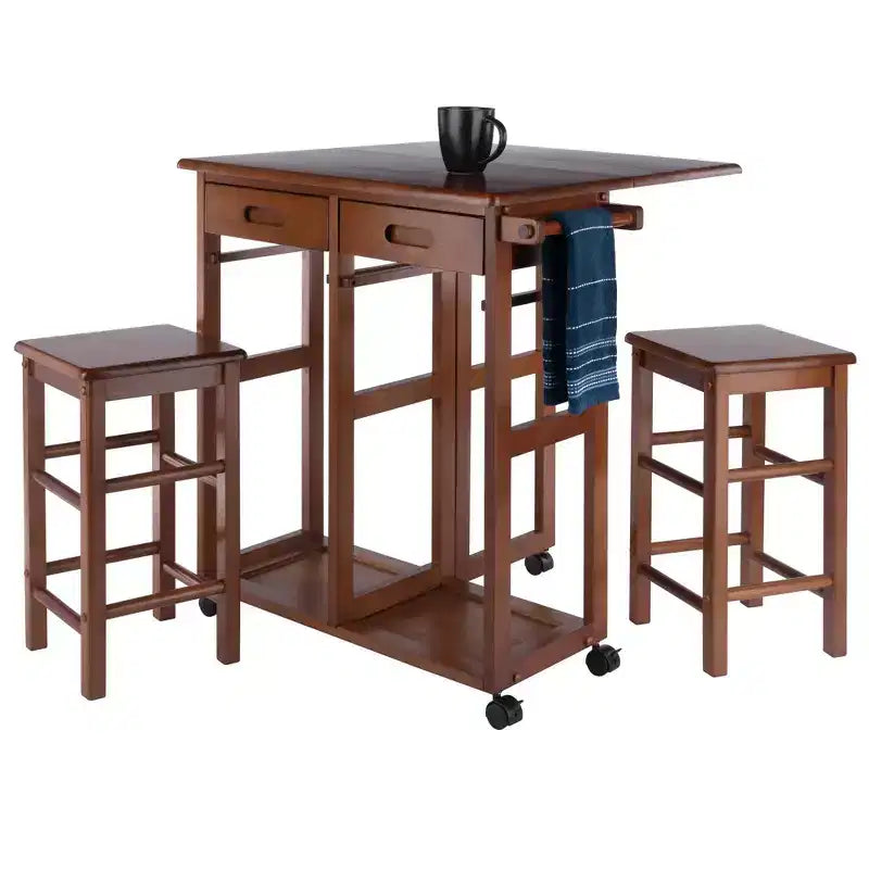 3-delige Suzanne ruimtebesparende eetset met neerklapbaar blad, teak - Winsome: compact, met opbergladen en 2 krukken
