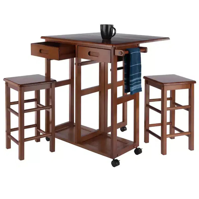 3-delige Suzanne ruimtebesparende eetset met neerklapbaar blad, teak - Winsome: compact, met opbergladen en 2 krukken