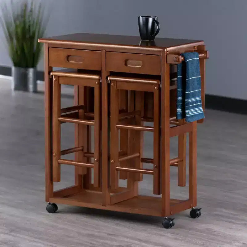 3-delige Suzanne ruimtebesparende eetset met neerklapbaar blad, teak - Winsome: compact, met opbergladen en 2 krukken