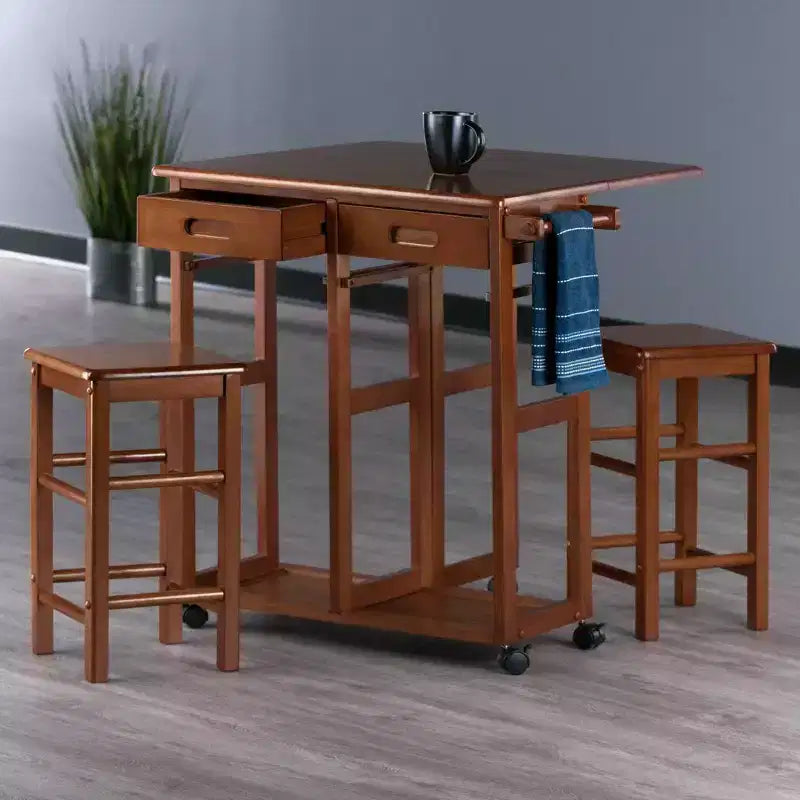 3-delige Suzanne ruimtebesparende eetset met neerklapbaar blad, teak - Winsome: compact, met opbergladen en 2 krukken