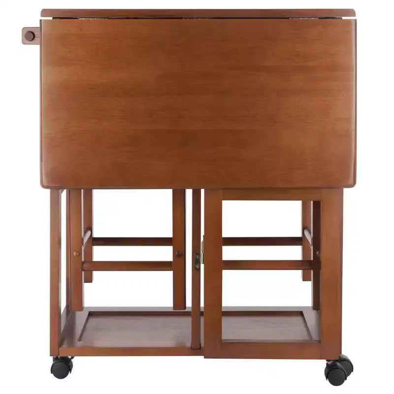 3-delige Suzanne ruimtebesparende eetset met neerklapbaar blad, teak - Winsome: compact, met opbergladen en 2 krukken