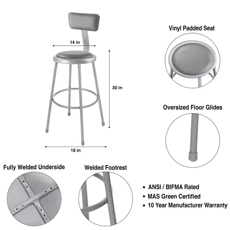 2-Pack 30" Padded Bar Stool with Backrest – Gray Vinyl, Steel Frame, 300 lbs Capacity