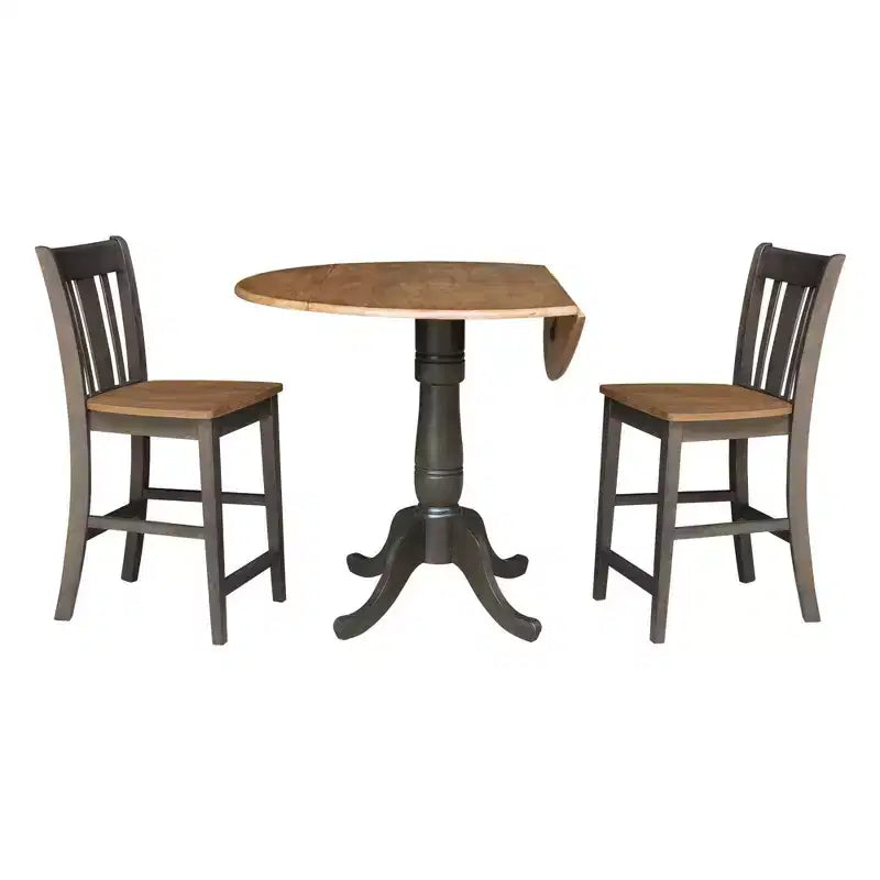 3pc 42" Round Dual Drop Leaf Counter Height Dining Table with 2 Splat Back Stools Hickory/Washed Coal - International Concepts