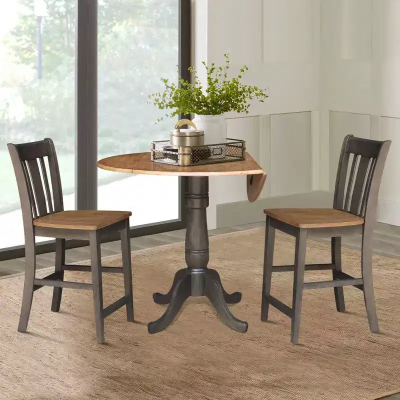 3-delige ronde eetkamerset van 42" voor barhoogte, met twee neerklapbare tafelbladen en 2 barkrukken met splatrugleuning, Hickory/gewassen steenkool - International Concepts
