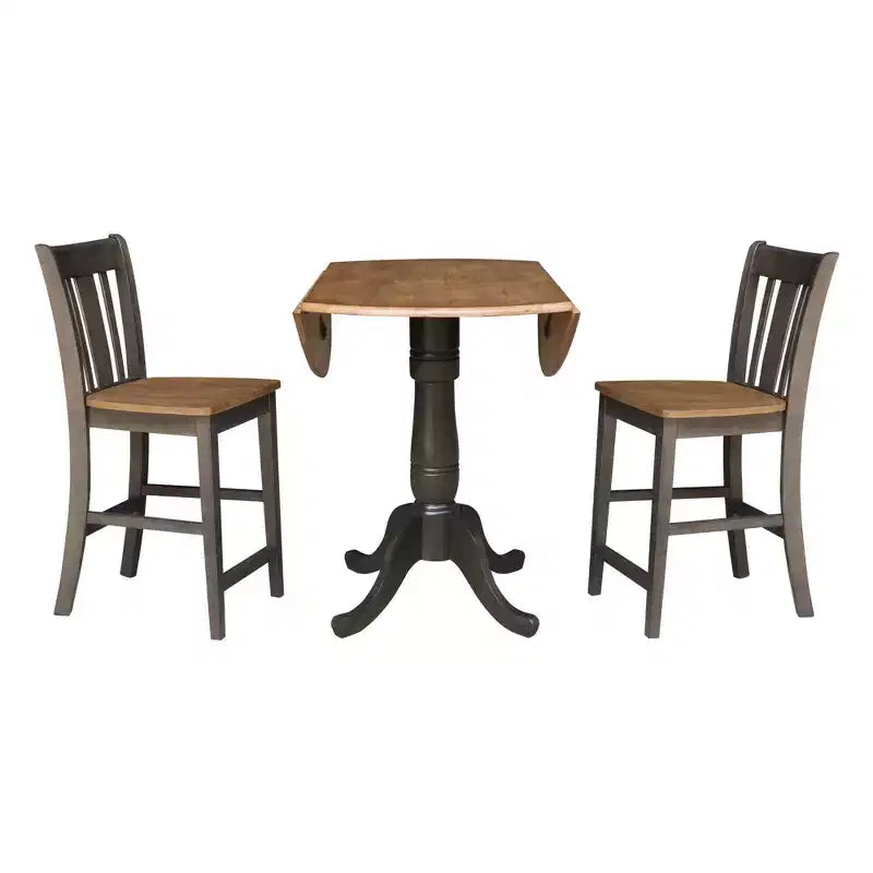 3-delige ronde eetkamerset van 42" voor barhoogte, met twee neerklapbare tafelbladen en 2 barkrukken met splatrugleuning, Hickory/gewassen steenkool - International Concepts