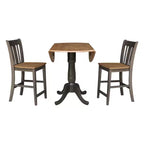 3-delige ronde eetkamerset van 42" voor barhoogte, met twee neerklapbare tafelbladen en 2 barkrukken met splatrugleuning, Hickory/gewassen steenkool - International Concepts