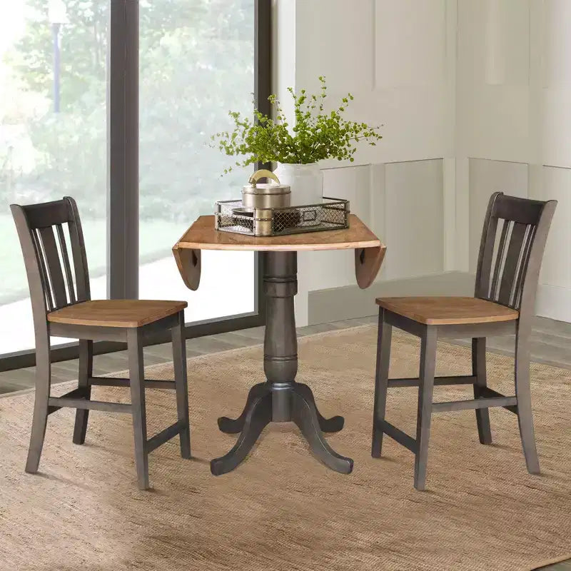 3-delige ronde eetkamerset van 42" voor barhoogte, met twee neerklapbare tafelbladen en 2 barkrukken met splatrugleuning, Hickory/gewassen steenkool - International Concepts