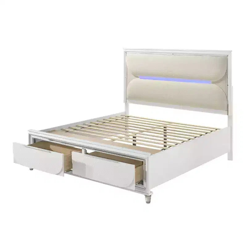 63.9" Queen Bed Tarian Bed White Boucle Pearl White Finish - Acme Furniture: LED Light Headboard, Storage Footboard