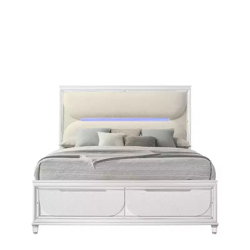 63.9" Queen Platform Bed with LED Light Headboard and Storage Footboard – White