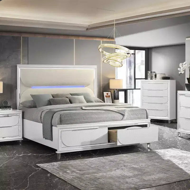 63.9" Queen Platform Bed with LED Light Headboard and Storage Footboard – White