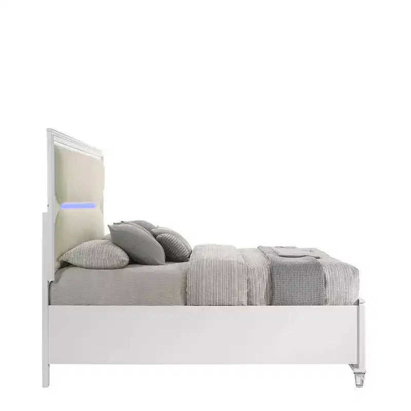 63.9" Queen Platform Bed with LED Light Headboard and Storage Footboard – White