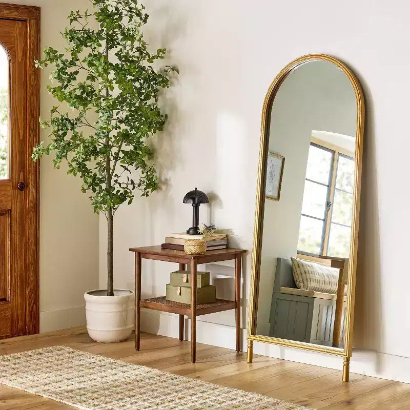 Arched 28"x70" Wood Framed Leaner Mirror, Brass Finish