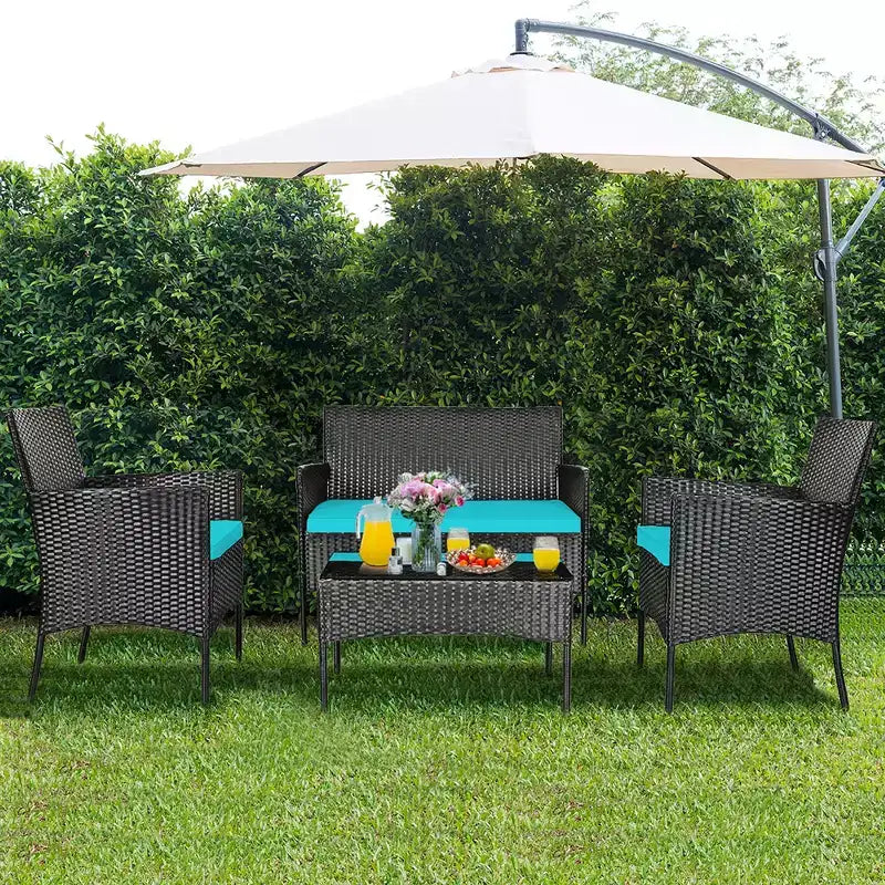 Costway 8-delige tuinset van rotan met kussens, bank en salontafel, voor de achtertuin, turquoise/rood/grijs/wit/marineblauw