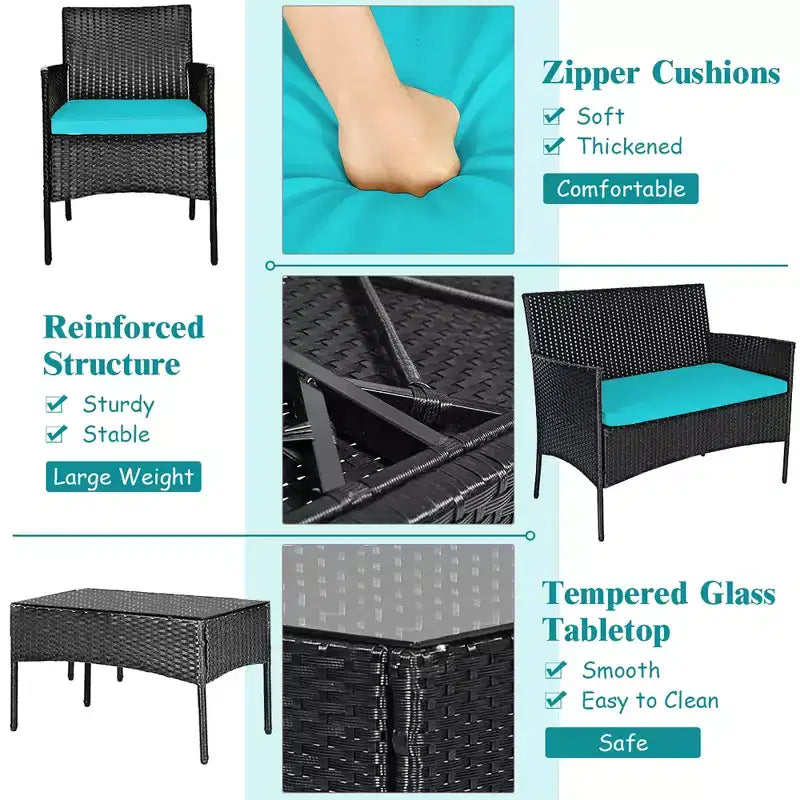 Costway 8-delige tuinset van rotan met kussens, bank en salontafel, voor de achtertuin, turquoise/rood/grijs/wit/marineblauw