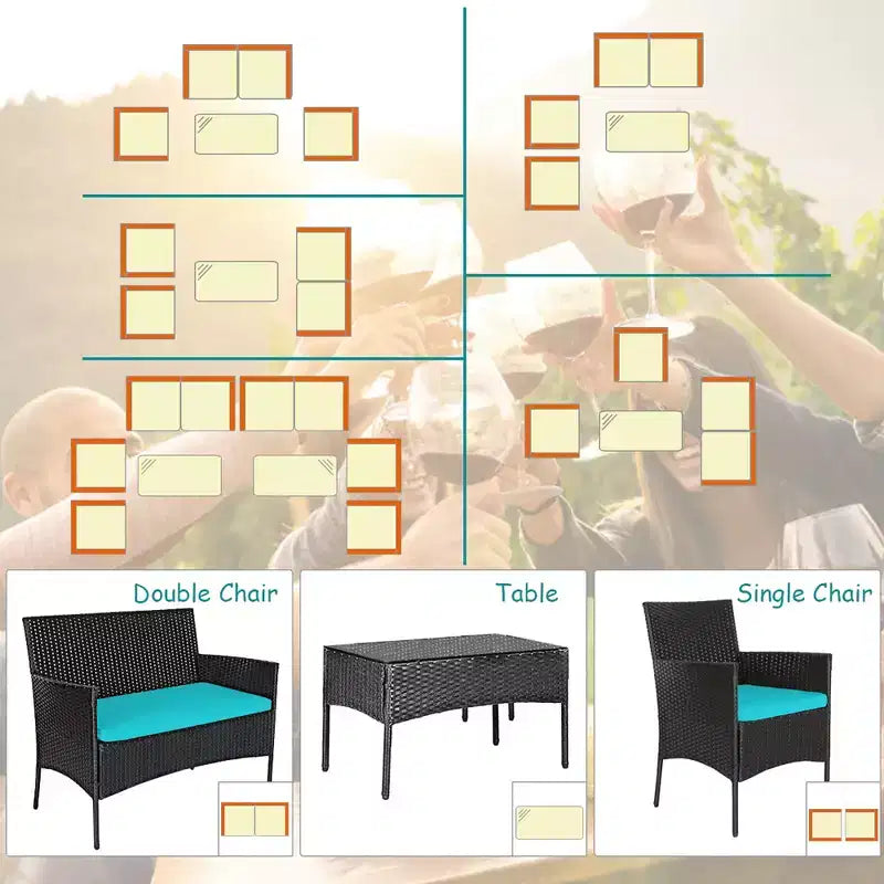 Costway 8-delige tuinset van rotan met kussens, bank en salontafel, voor de achtertuin, turquoise/rood/grijs/wit/marineblauw