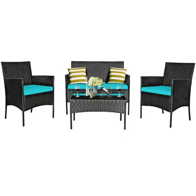 Costway 8-delige tuinset van rotan met kussens, bank en salontafel, voor de achtertuin, turquoise/rood/grijs/wit/marineblauw