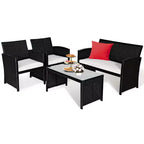 Costway 4-delige tuinmeubelset van rattan, tafel en bank met kussen, tuin, zwart