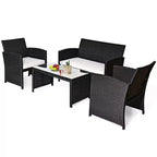 Costway 4-delige tuinmeubelset van rattan, tafel en bank met kussen, tuin, zwart