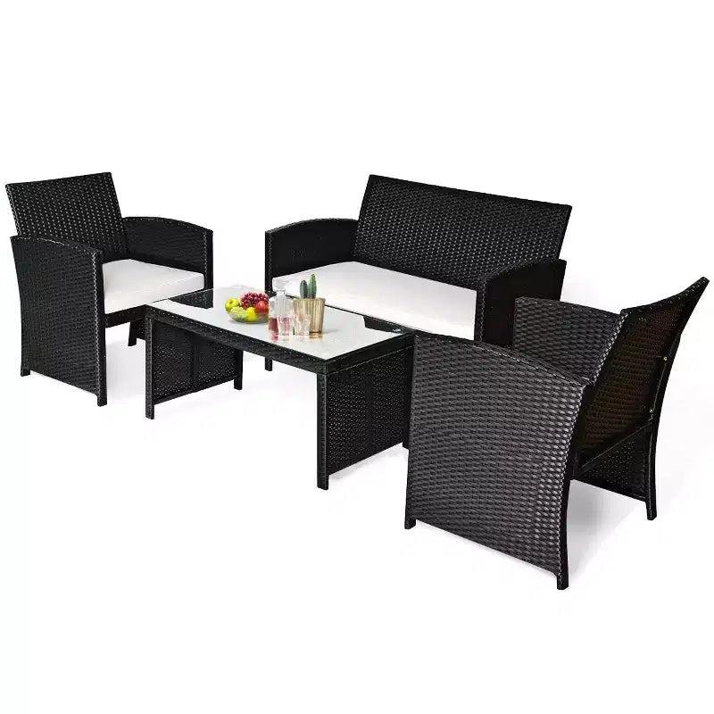 Costway 4-delige tuinmeubelset van rattan, tafel en bank met kussen, tuin, zwart