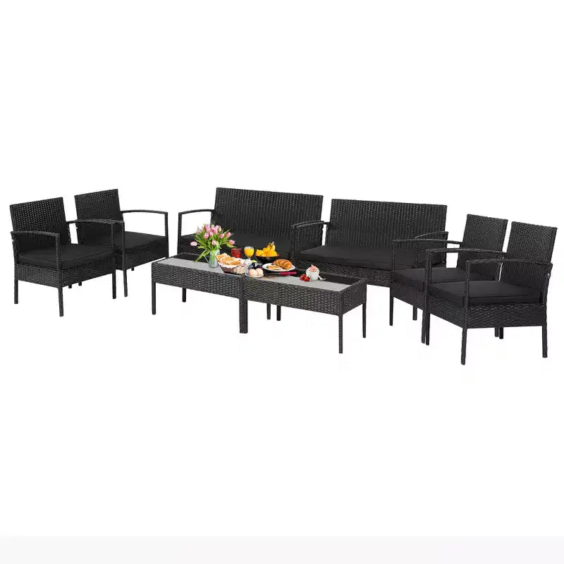 Costway 8-delige tuinmeubelset van rotan voor terras met beklede sofa-armleuningen, zwart