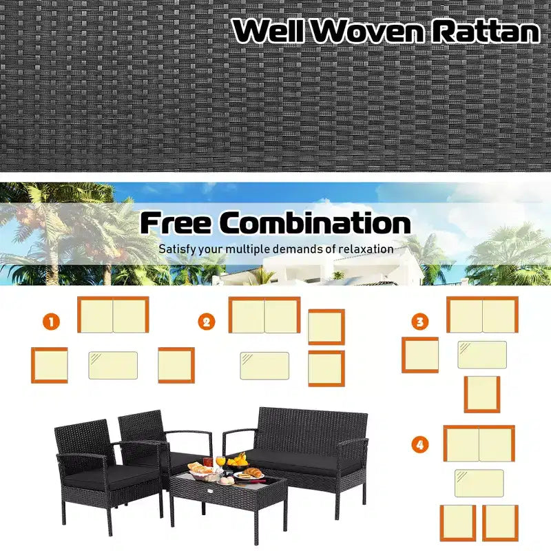 Costway 8-delige tuinmeubelset van rotan voor terras met beklede sofa-armleuningen, zwart