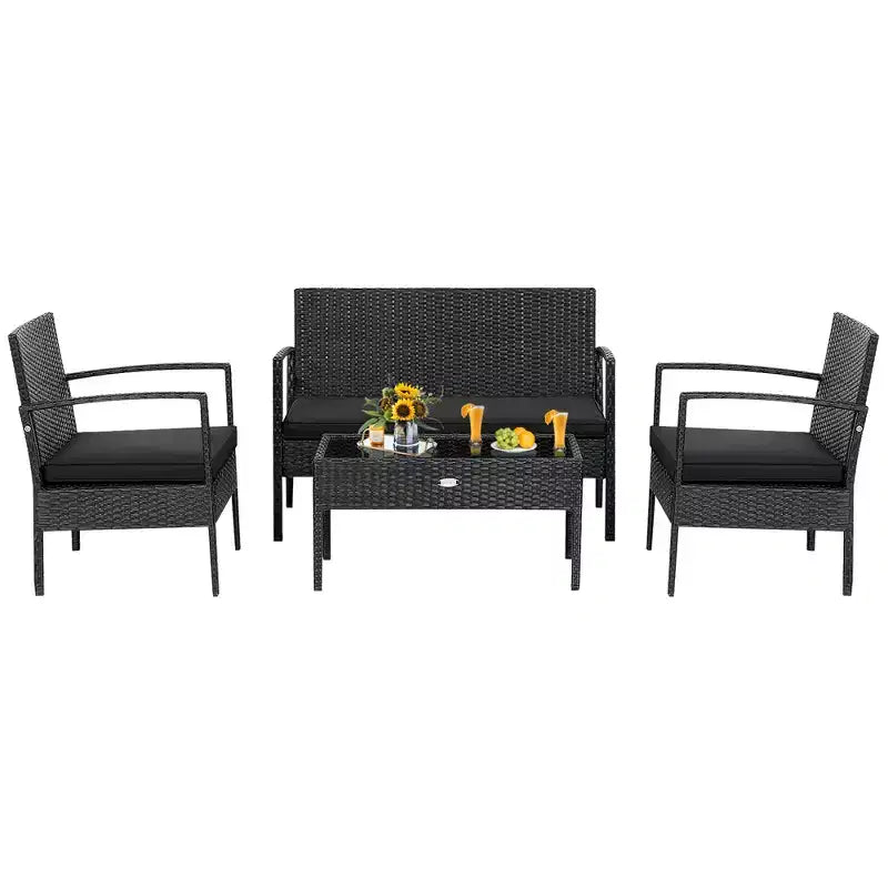 Costway 8-delige tuinmeubelset van rotan voor terras met beklede sofa-armleuningen, zwart