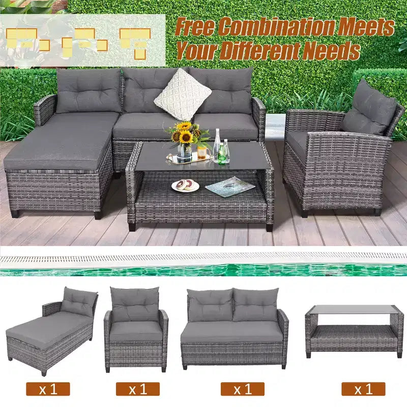 Costway 4-delige rotan terrasmeubelset met sofa, voetenbank en kussens, voor tuin of terras, wit/grijs/zwart