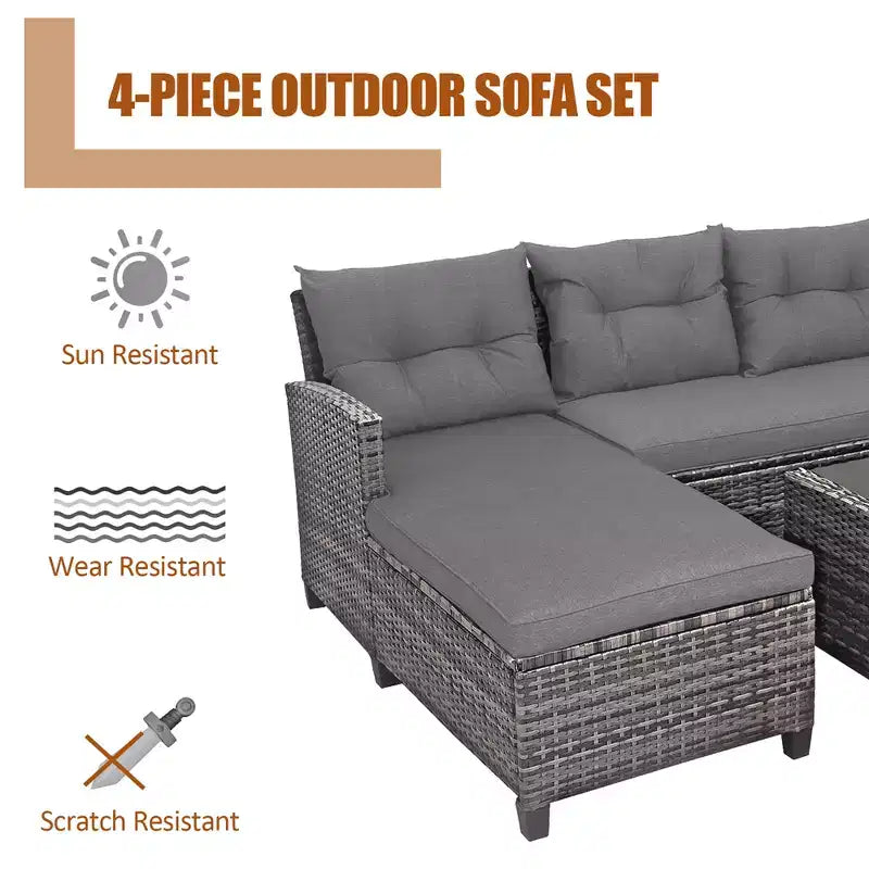 Costway 4-delige rotan terrasmeubelset met sofa, voetenbank en kussens, voor tuin of terras, wit/grijs/zwart