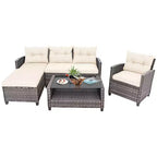 Costway 4-delige rotan terrasmeubelset met sofa, voetenbank en kussens, voor tuin of terras, wit/grijs/zwart