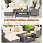 Costway 4-delige rotan terrasmeubelset met sofa, voetenbank en kussens, voor tuin of terras, wit/grijs/zwart