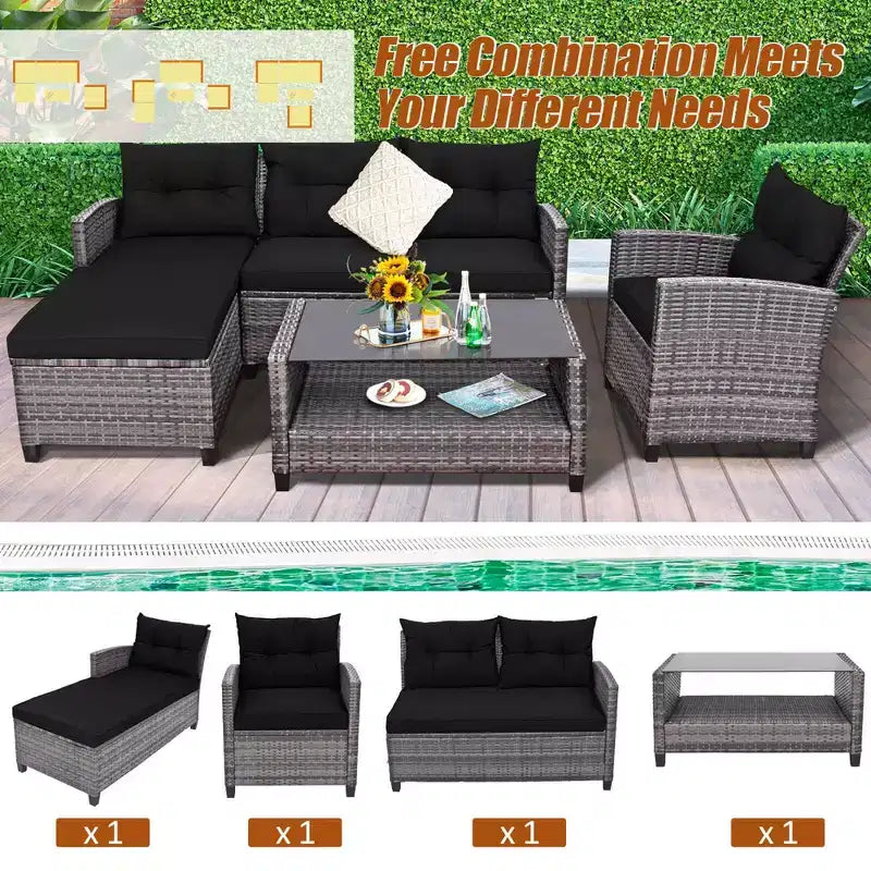 Costway 4-delige rotan terrasmeubelset met sofa, voetenbank en kussens, voor tuin of terras, wit/grijs/zwart