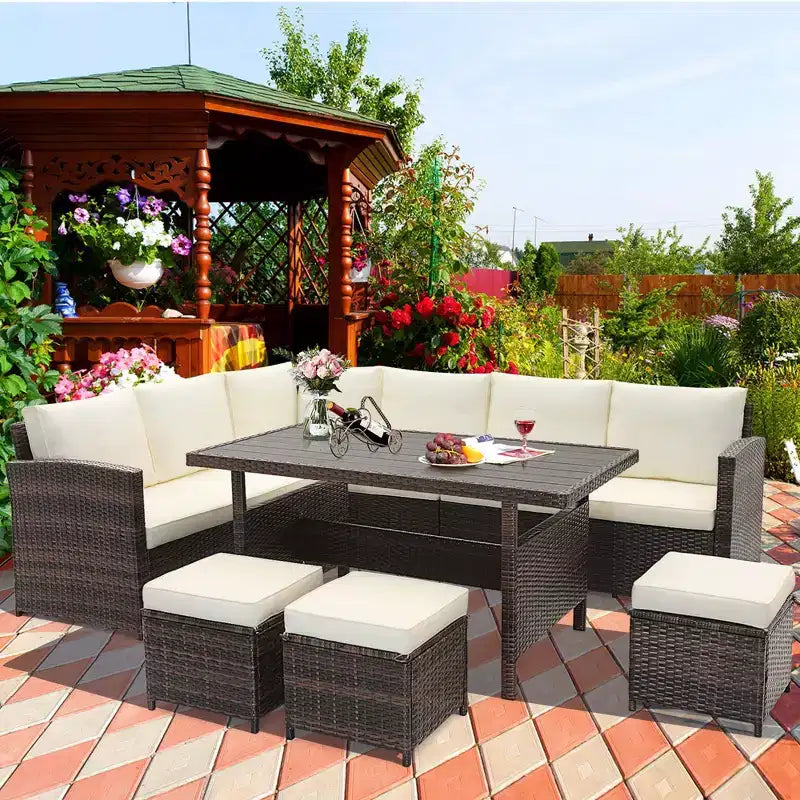 Costway 7-delige tuinmeubelset van rotan, hoekbank, loungesofa, salontafel en veranda