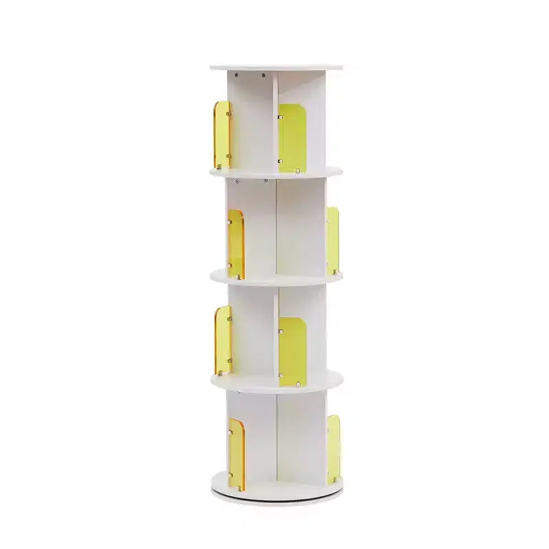 VECELO 4 Tier Standing Bookcase 360 Display Floor Standing Storage Rack with Acrylic Visible Window Partition, Rotating Bookshelf